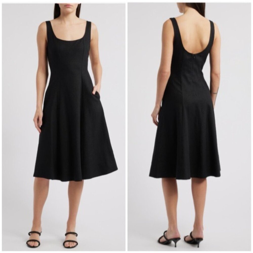 VINCE Linen Blend Scoop Neck A Line Dress in Black XL